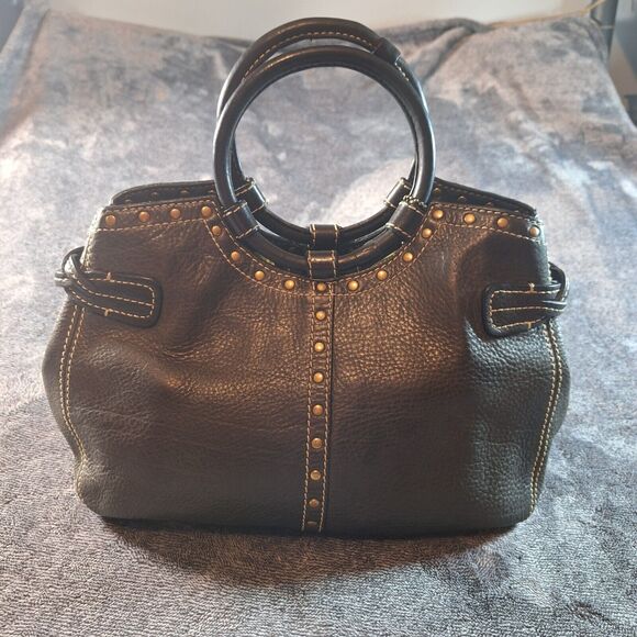 Fossil Round Handle Hand Bag Leather Black Studded Brass Grunge Gothic - Picture 2 of 10